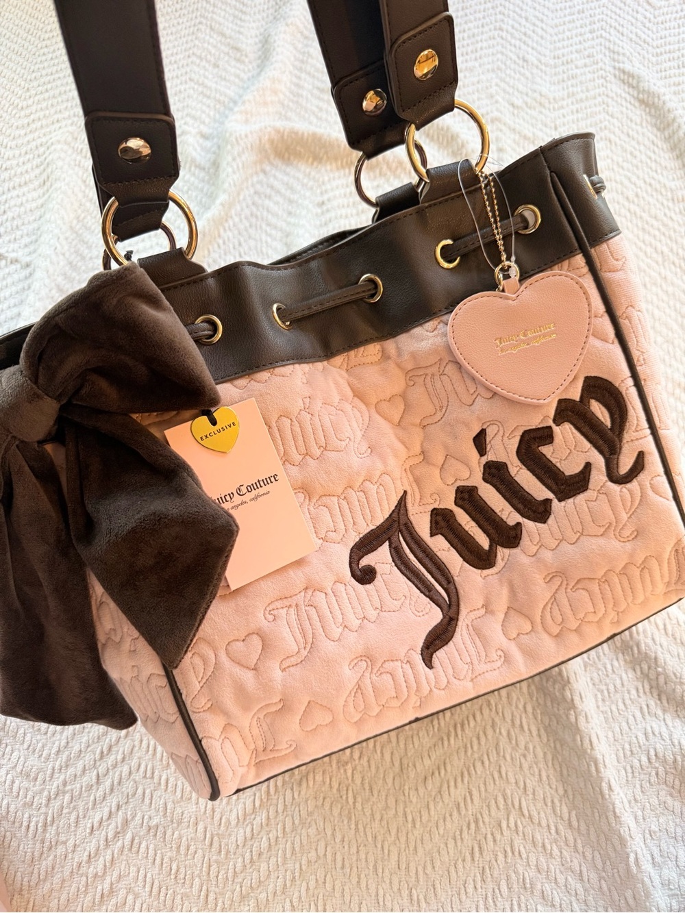 Juicy Couture Pink Quilted Tote with Brown Trim and Heart Charm